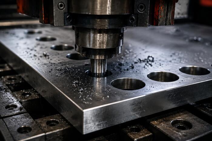 Tấm thép dày đang được đột lỗ/chấn bằng máy CNC
